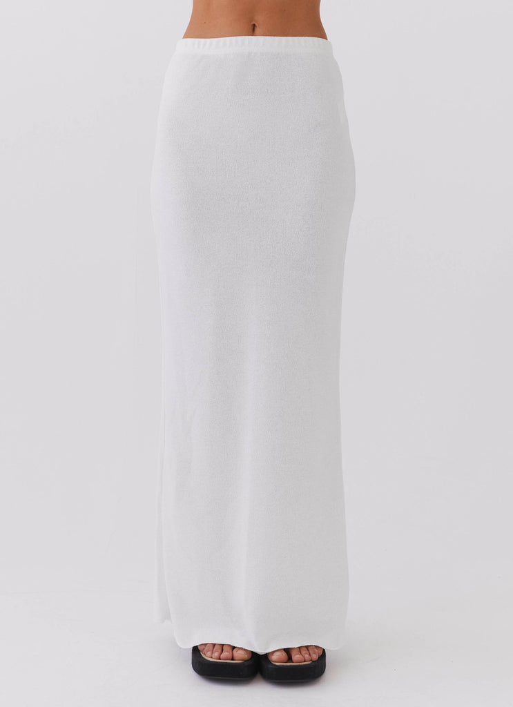 Womens Delicate Lady Knit Maxi Skirt in the colour White in front of a light grey background