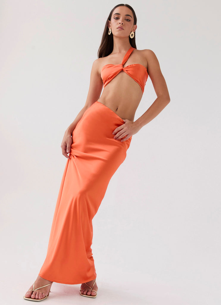 Hidden Oasis Satin Maxi Skirt - Tangerine