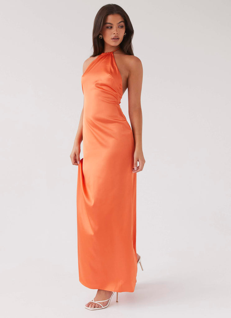 Womens Melody Day Halterneck Maxi Dress in the colour Tangerine in front of a light grey background