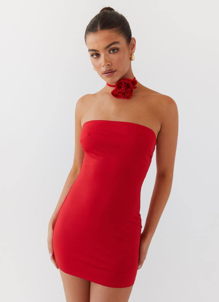 Womens Ruby Glamour Rose Mini Dress in the colour Rouge Red in front of a light grey background