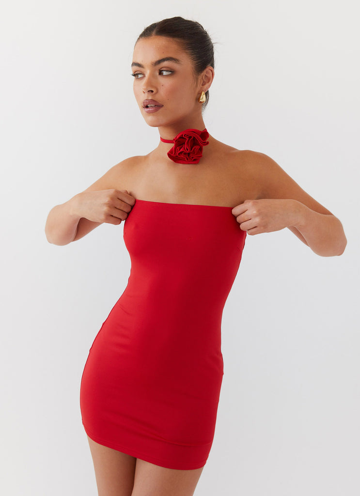 Womens Ruby Glamour Rose Mini Dress in the colour Rouge Red in front of a light grey background