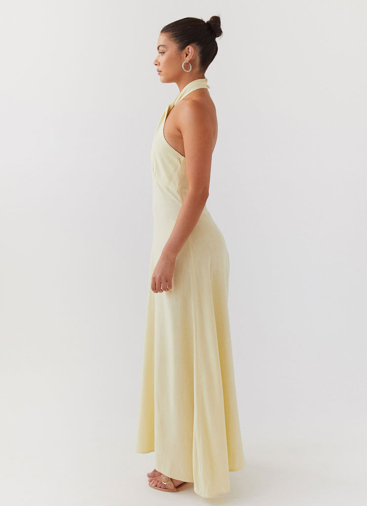 Womens Adrienne Linen Maxi Dress in the colour Lemon in front of a light grey background