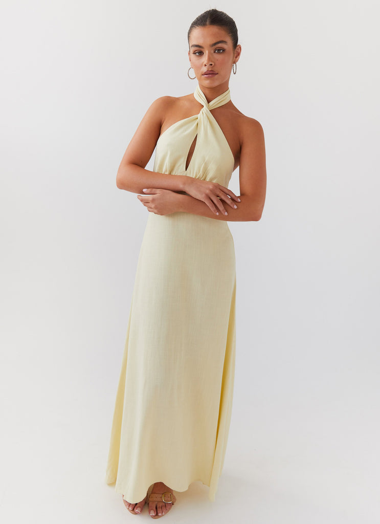 Womens Adrienne Linen Maxi Dress in the colour Lemon in front of a light grey background