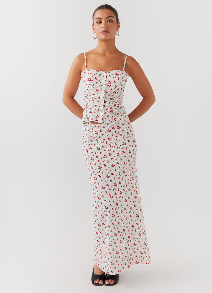 Womens Ariana Linen Bustier Top in the colour Poppy Floral in front of a light grey background