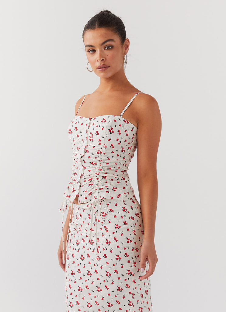 Womens Ariana Linen Bustier Top in the colour Poppy Floral in front of a light grey background