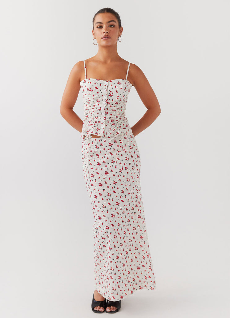 Womens Ariana Linen Maxi Skirt in the colour Poppy Floral in front of a light grey background