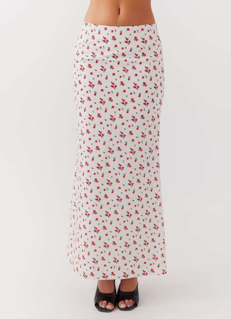 Womens Ariana Linen Maxi Skirt in the colour Poppy Floral in front of a light grey background