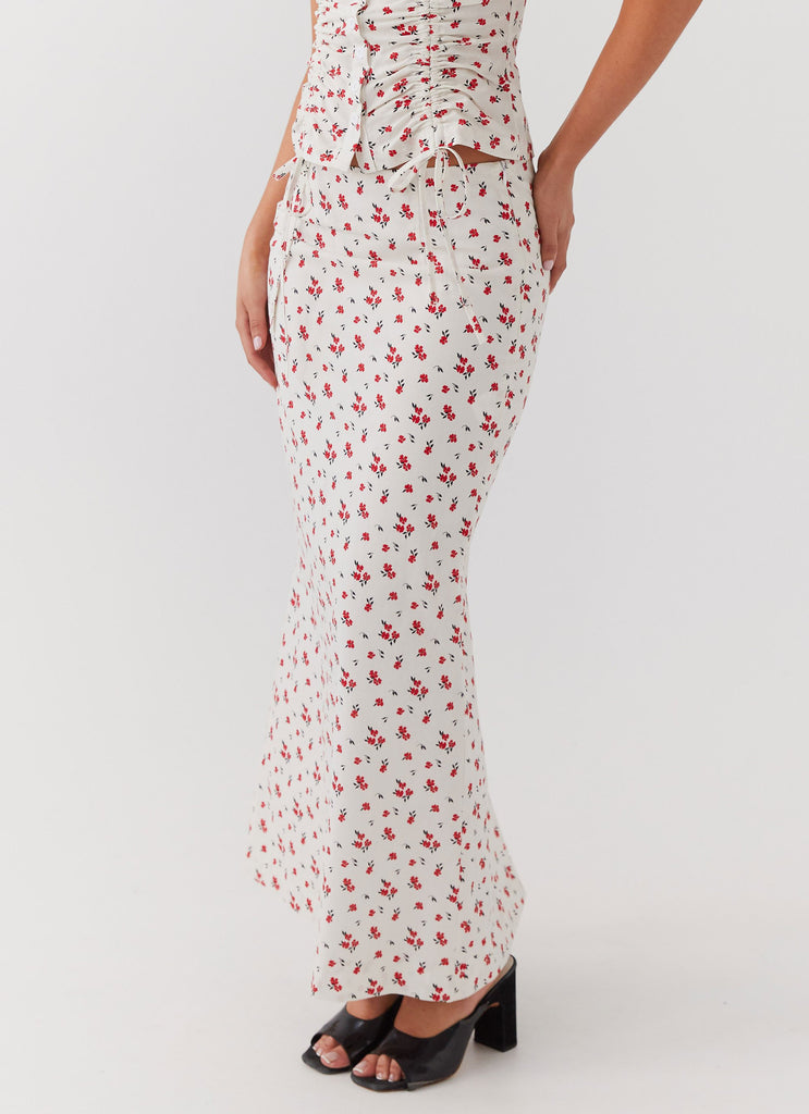 Womens Ariana Linen Maxi Skirt in the colour Poppy Floral in front of a light grey background