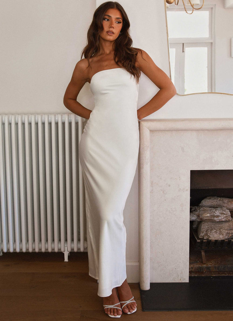 Womens Love Me More Maxi Dress in the colour Pearl in front of a light grey background