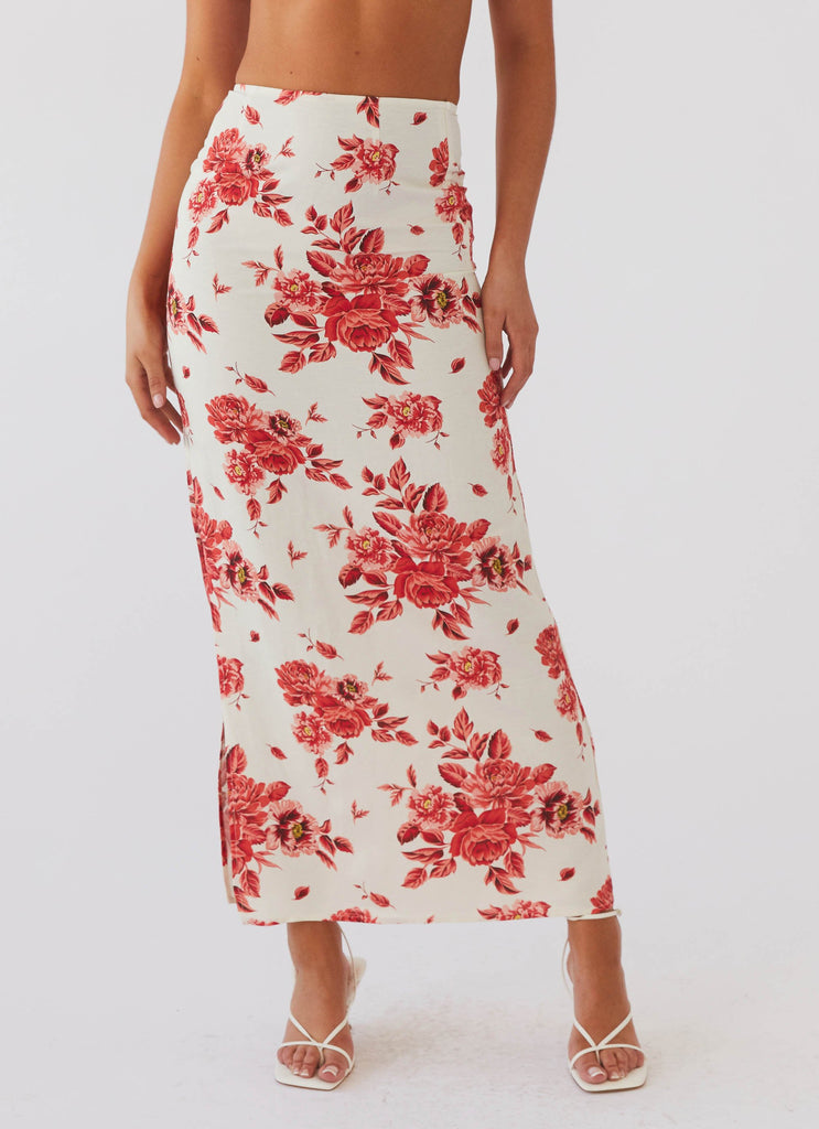 Womens Valencia Villa Maxi Skirt in the colour Rosa Floria in front of a light grey background