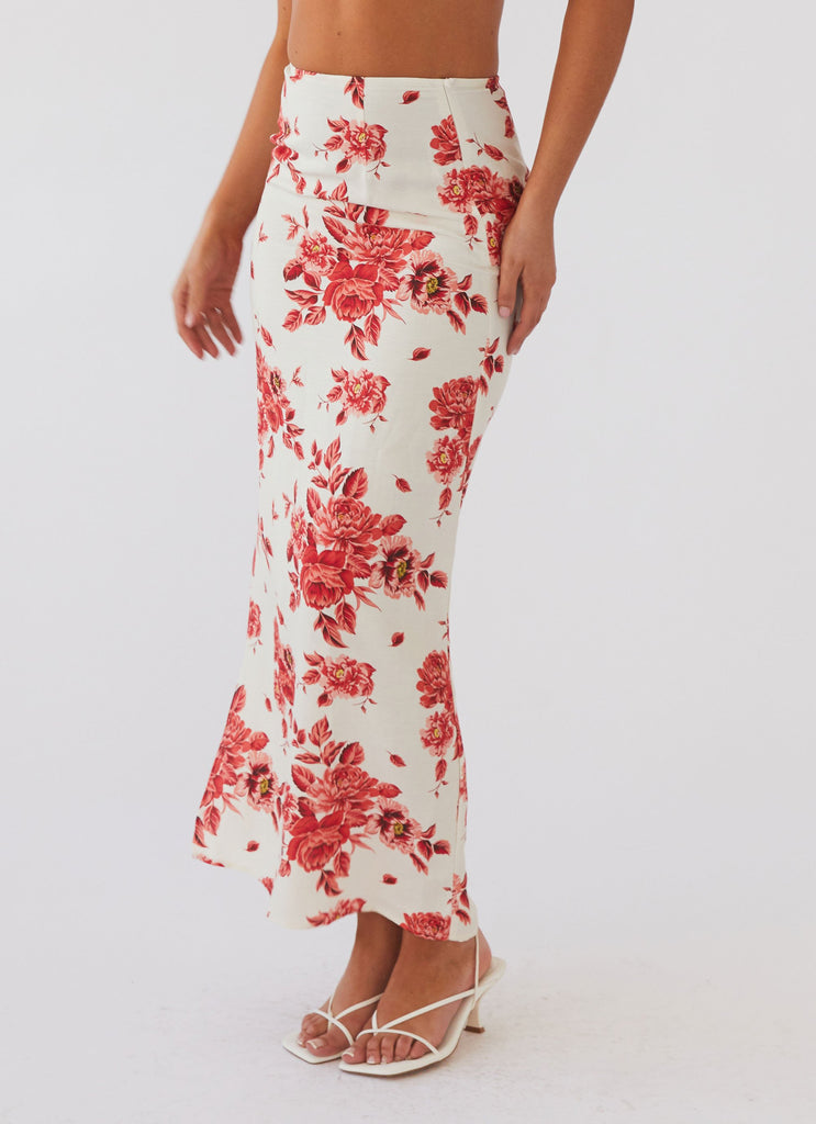 Womens Valencia Villa Maxi Skirt in the colour Rosa Floria in front of a light grey background