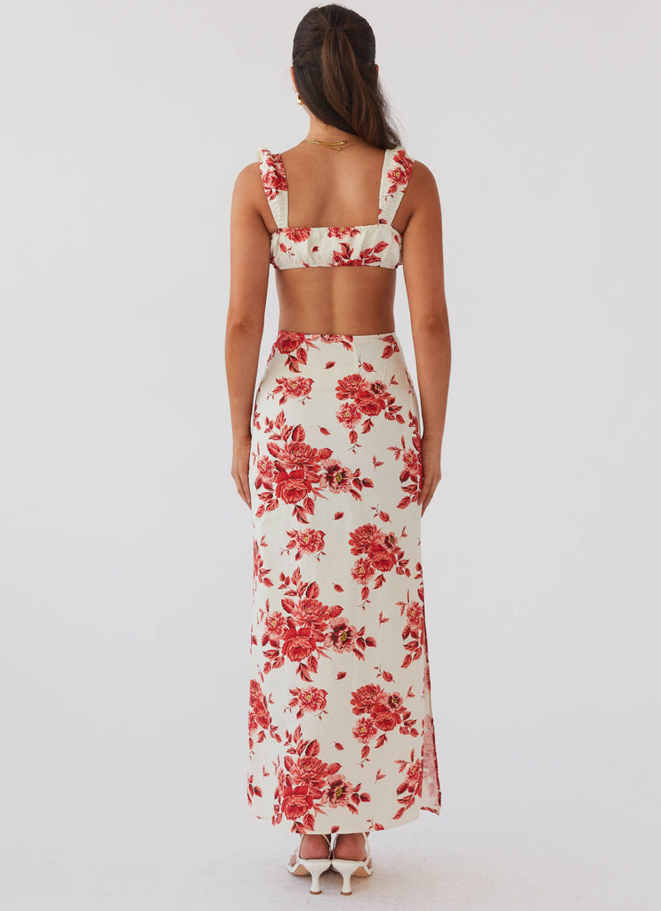 Womens Valencia Villa Maxi Skirt in the colour Rosa Floria in front of a light grey background