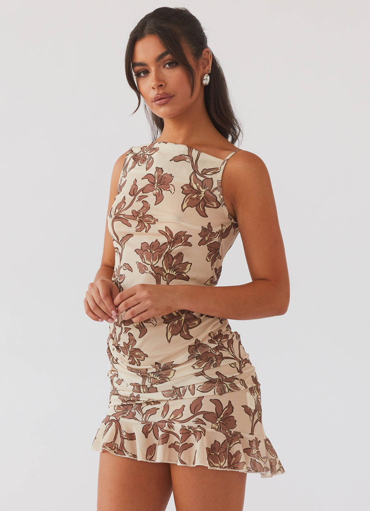 Womens Pass The Prosecco Mini Dress in the colour Hazel Bloom in front of a light grey background