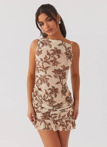 Womens Pass The Prosecco Mini Dress in the colour Hazel Bloom in front of a light grey background