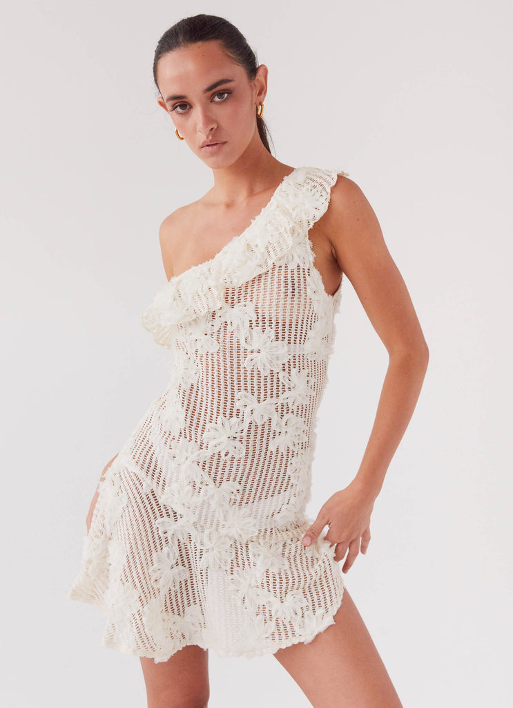 Womens Juliette Embroidered Mini Dress in the colour Ivory Tea in front of a light grey background