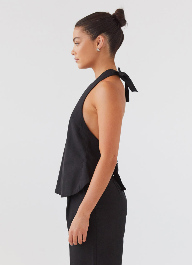 Womens Heatwave Linen Apron Top in the colour Black in front of a light grey background