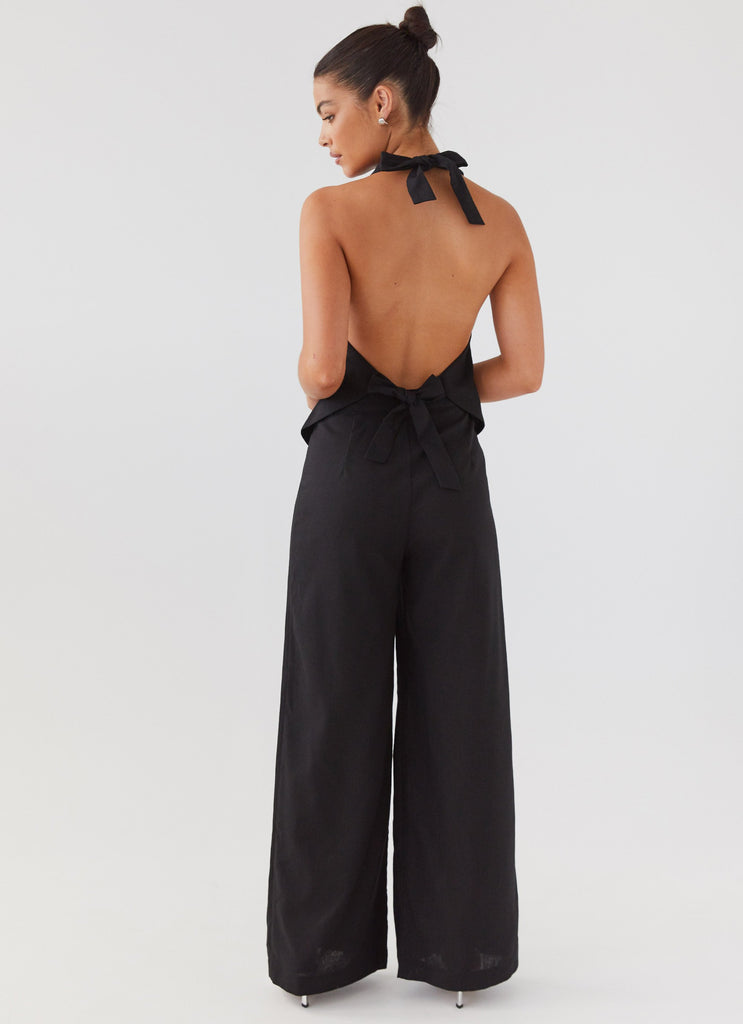 Womens Heatwave Linen Wide Leg Pants in the colour Black in front of a light grey background