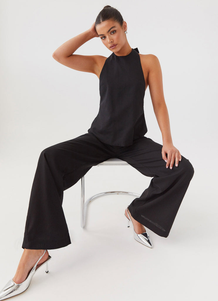 Womens Heatwave Linen Wide Leg Pants in the colour Black in front of a light grey background