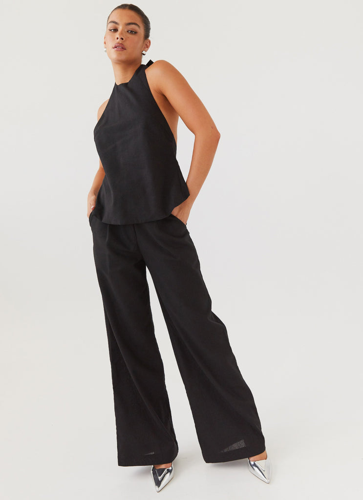 Womens Heatwave Linen Wide Leg Pants in the colour Black in front of a light grey background