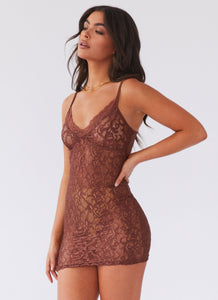 Womens Nobody's Business Lace Dress in the colour Chocolate in front of a light grey background