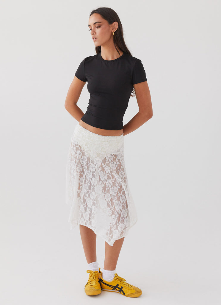 Womens Sweet Nothing Lace Midi Skirt in the colour White in front of a light grey background