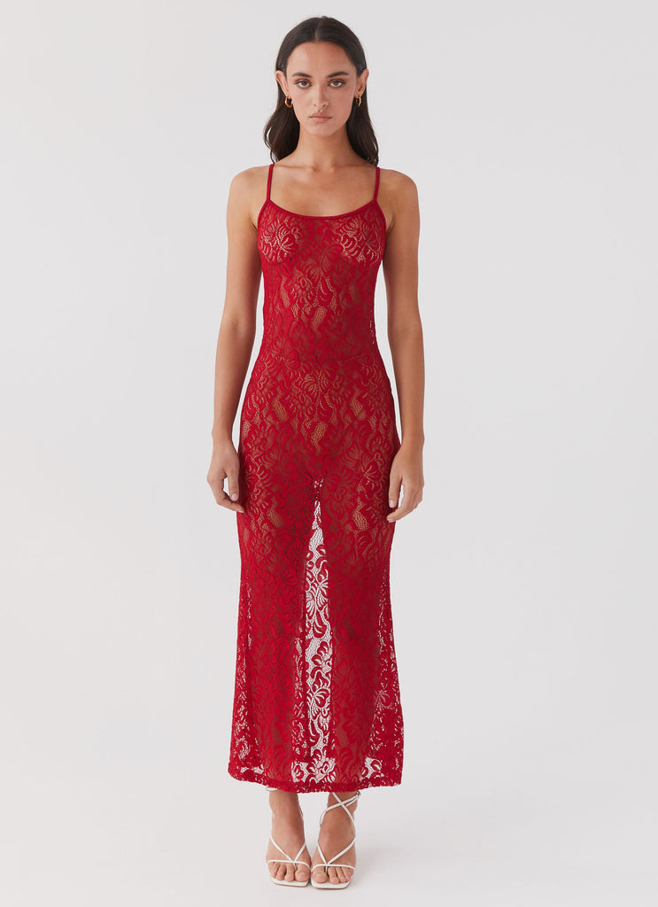 Womens Leona Lace Maxi Dress in the colour Red Rose in front of a light grey background