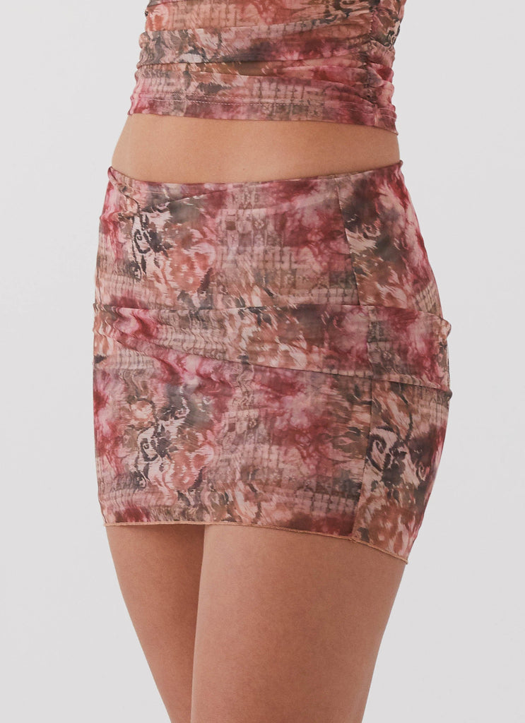 Womens Love Child Mesh Mini Skirt in the colour Palais Floral in front of a light grey background