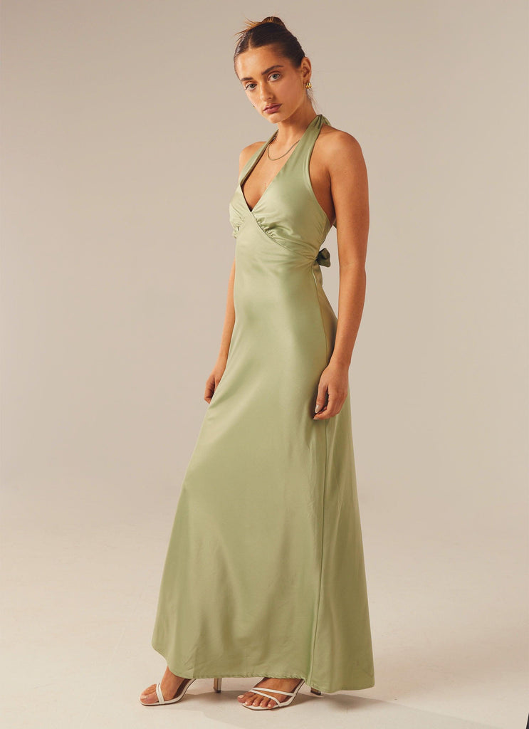 Heavy Hearted Satin Maxi Dress - Sage - Peppermayo