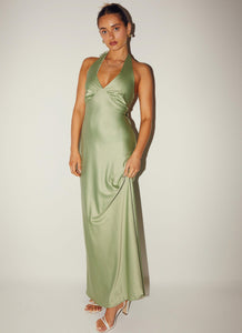 Heavy Hearted Satin Maxi Dress - Sage - Peppermayo